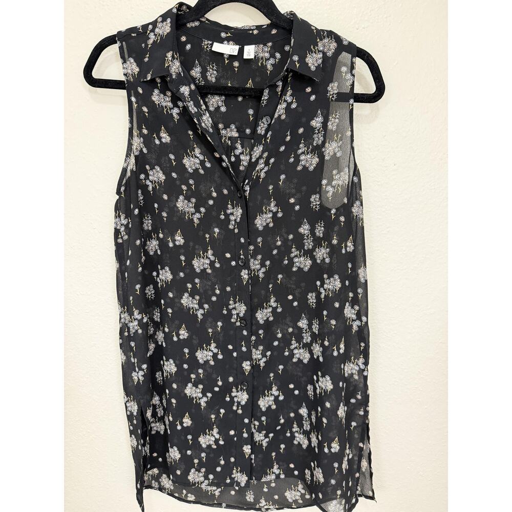 BP. Blouse Womens S Black Collared Sleeveless‎ Sheer Chiffon Floral Tunic Top